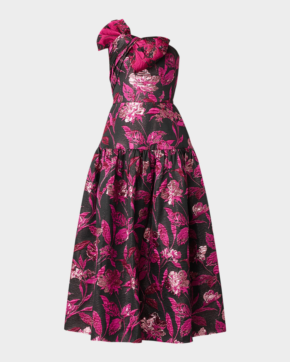 Lisa One-Shoulder Floral Jacquard Midi Dress